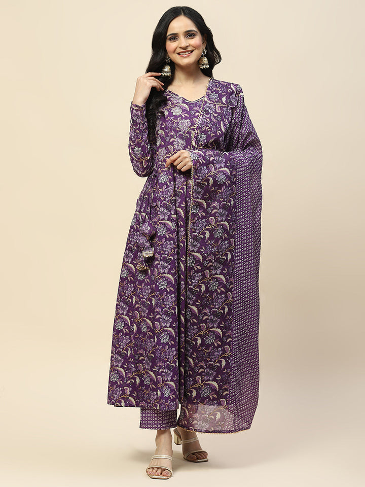 Neck Embroidery Cotton Kurta With Pants &amp; Dupatta