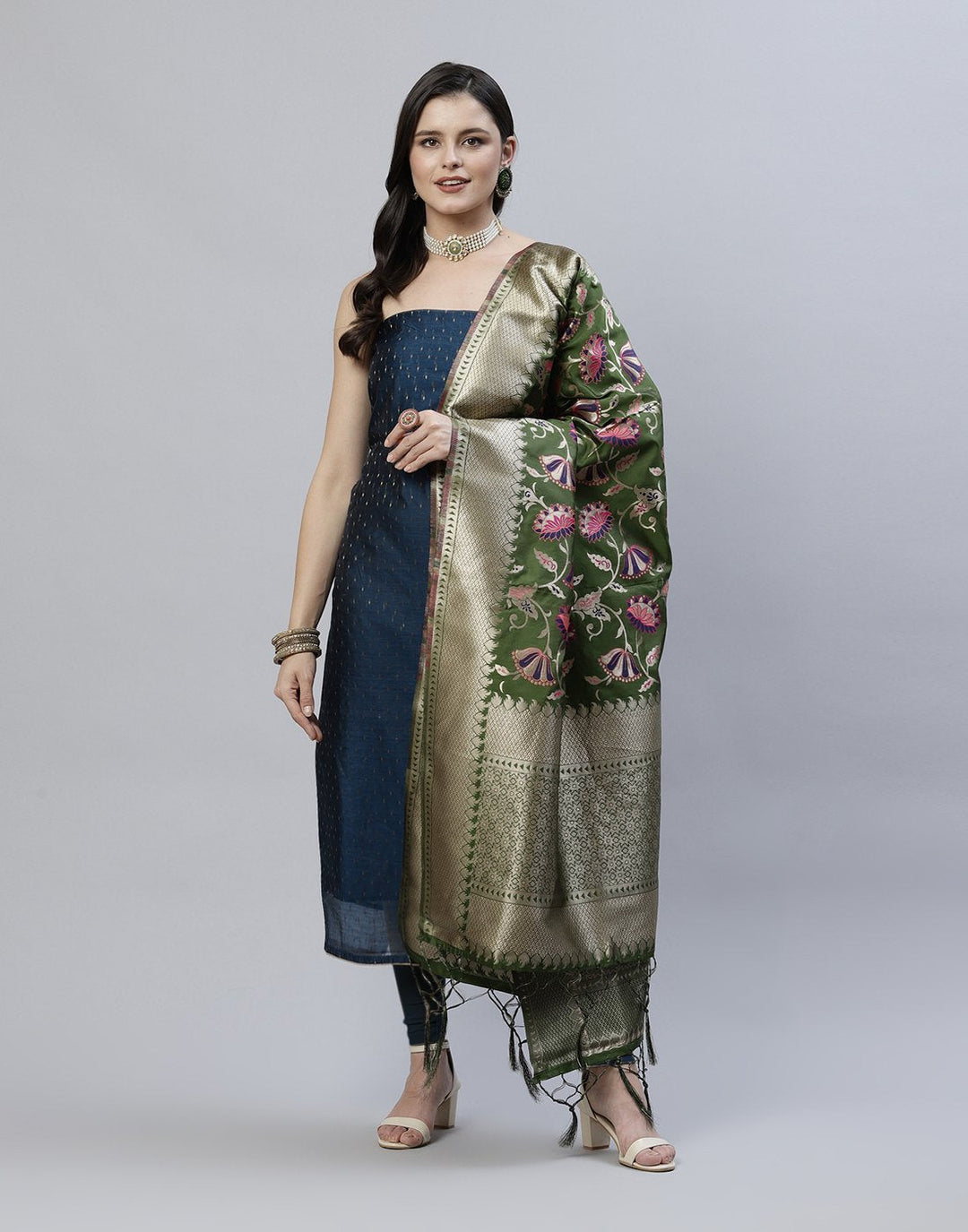 Chanderi Suit Piece With Embroidered Dupatta