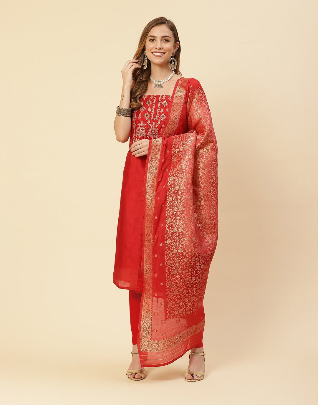 Embroidered AChanderi Suit Piece With Chanderi Banarasi Dupatta