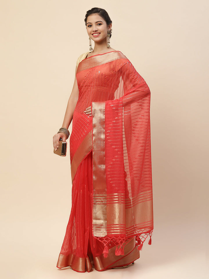 Sequin Organza Woven Saree