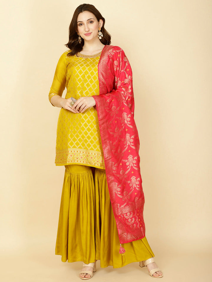 Woven Banarasi Kurti With Sharara &amp; Dupatta