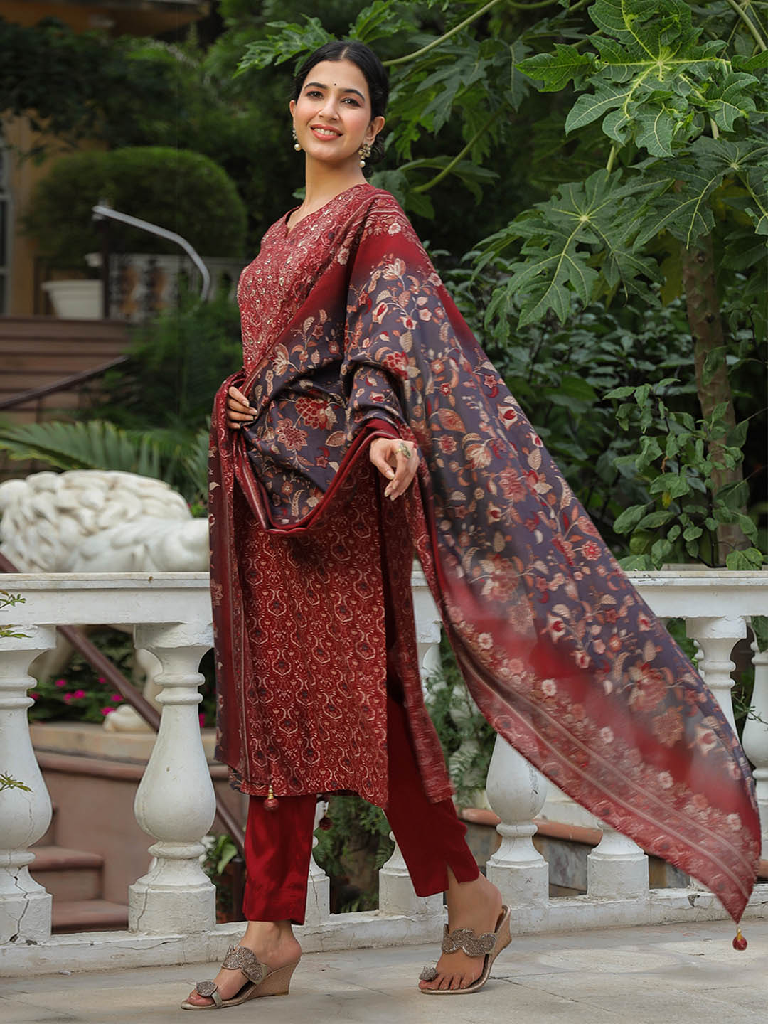 Printed Neck Embroidered Cotton Kurta With Pants &amp; Dupatta