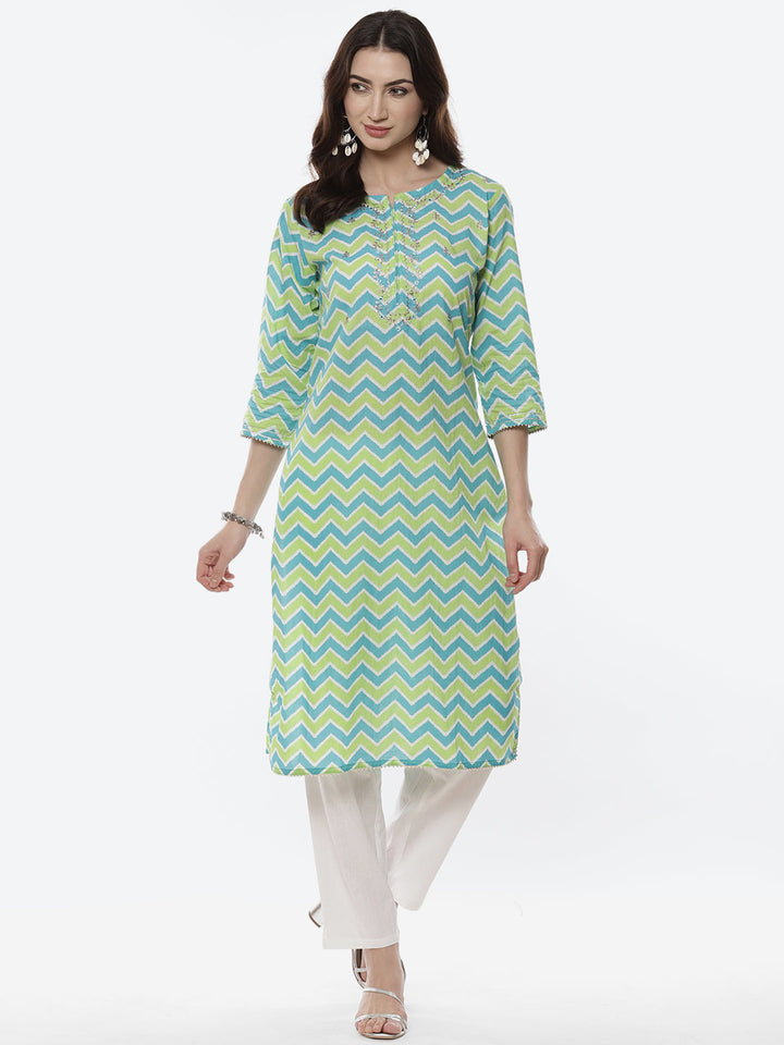 Leheriya Printed Neck Zari Cotton Kurti With Pant