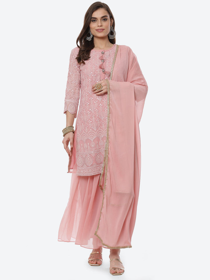 Resham Jaal Georgette Kurta With Garara &amp; Chiffon Dupatta