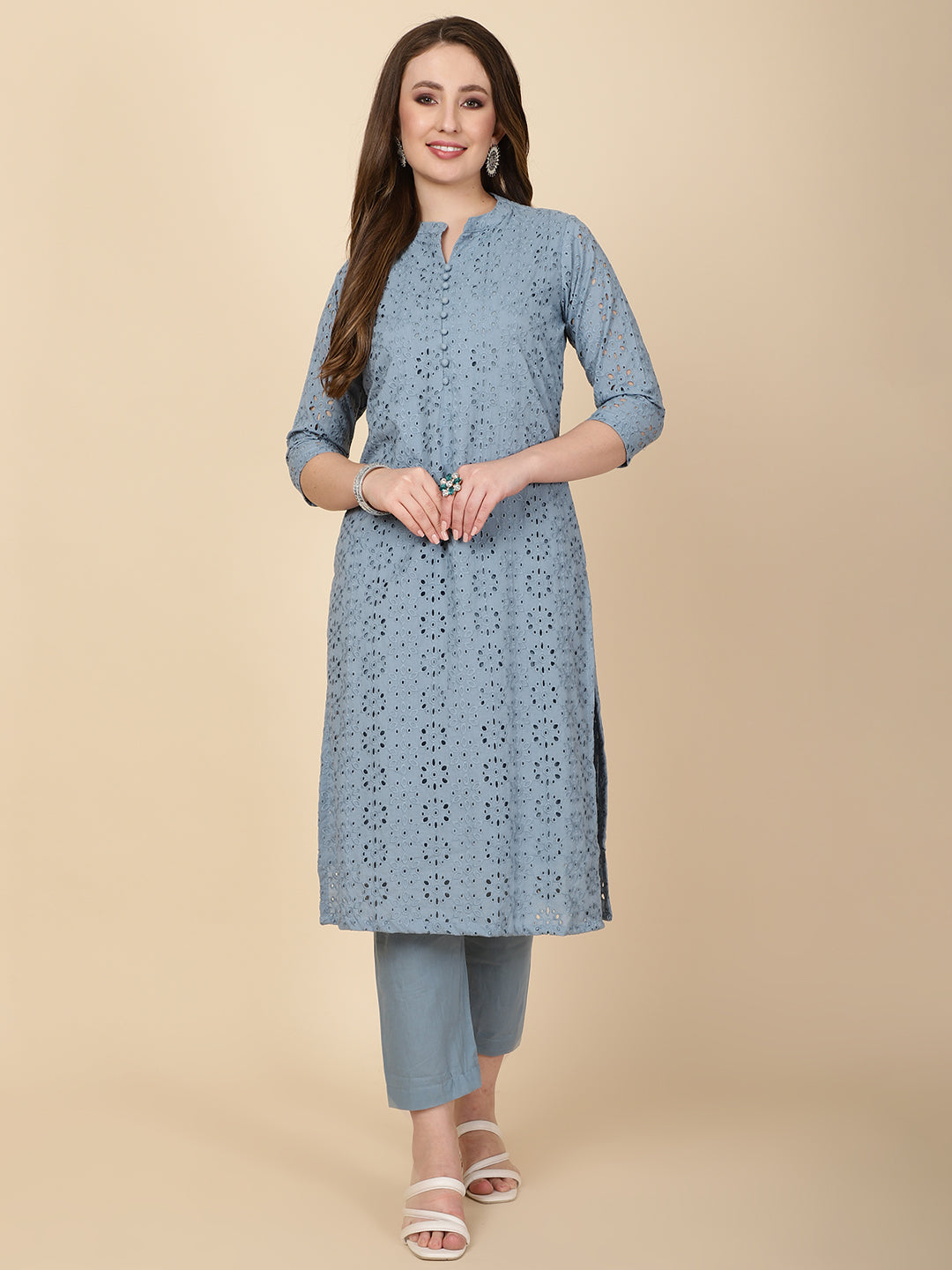 Schiffli Embroidery Cotton kurta With Pants