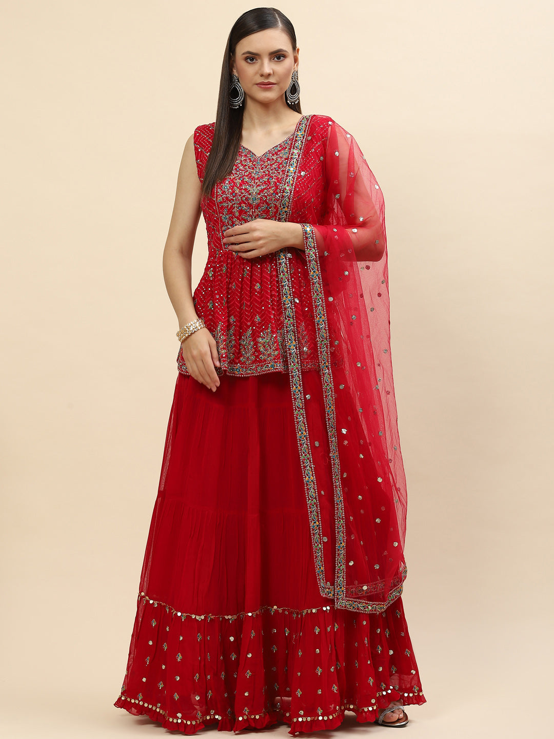 Sequin Embroidered Georgette Peplum Choli With Lehenga &amp; Dupatta