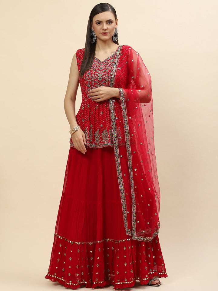 Sequin Embroidered Georgette Peplum Choli With Lehenga &amp; Dupatta