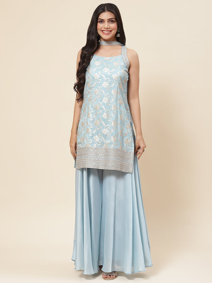Floral Woven Georgette Kurta With Sharara &amp; Dupatta