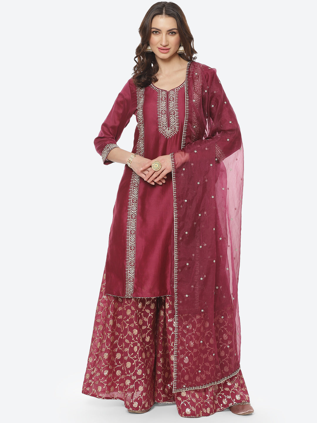 Embroidered Zari Cotton Stitched Salwar Kameez With Organza Dupatta