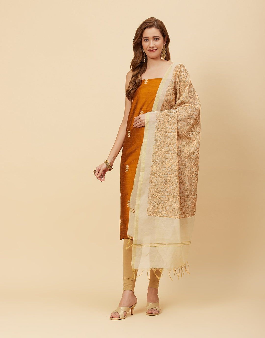 Embroidered Chanderi Suit Piece With Dupatta