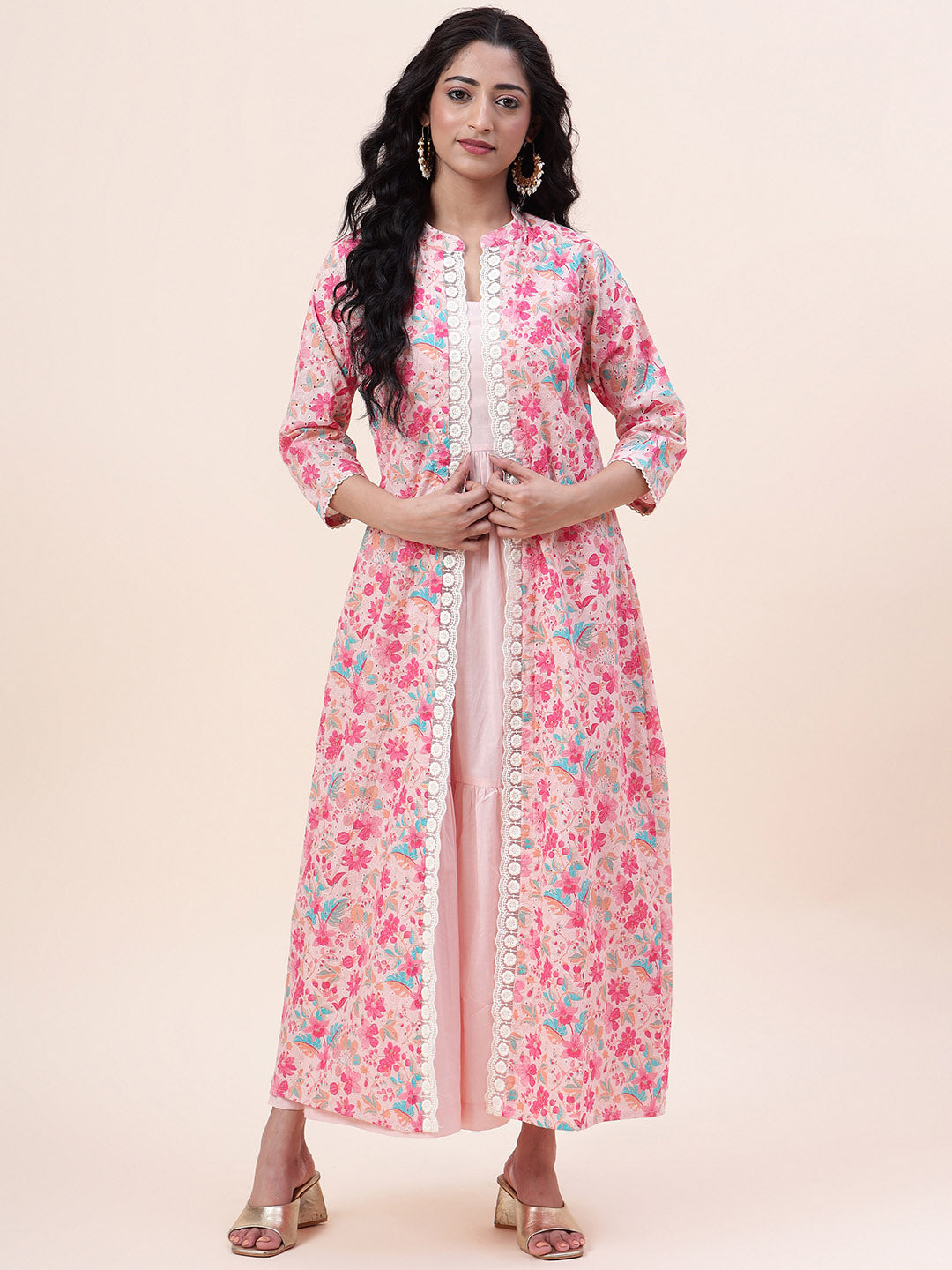 Floral Printed Cotton Gown With Jacket