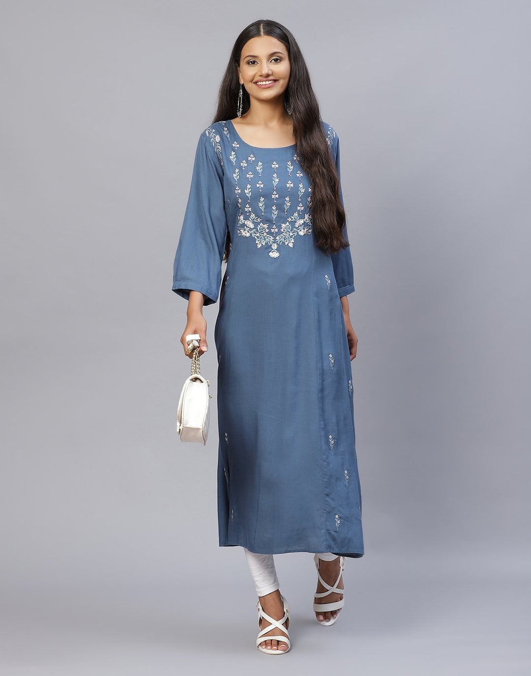 Plain Cotton Kurti With Yoke Embroidery