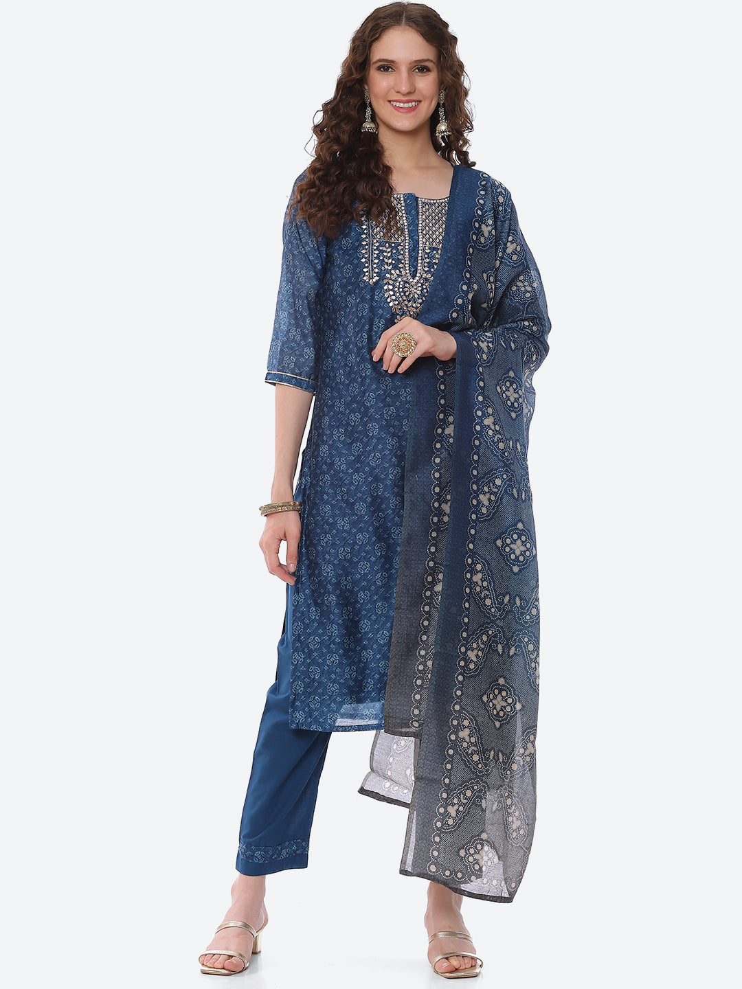 Gota Neck Booti Chanderi Kurta With Pant &amp; Dupatta
