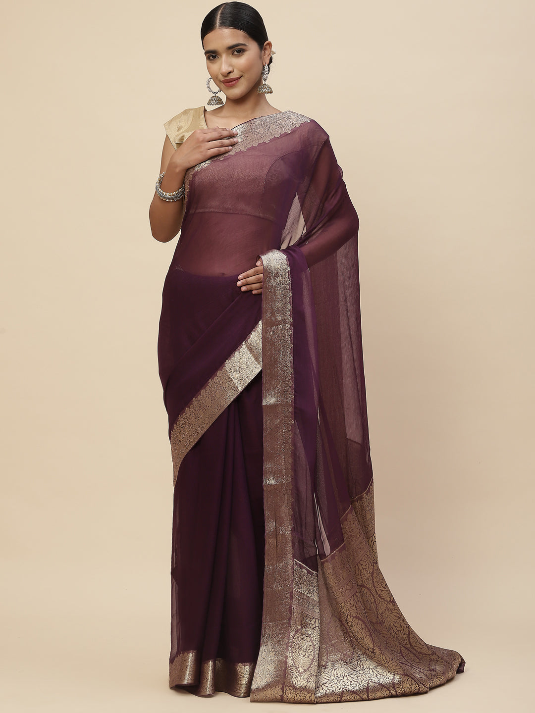 Zari Border Chiffon Plain Saree