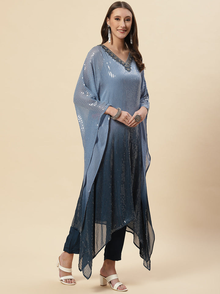 Sequin Embroidered Georgette Kaftan Kurta With Pants