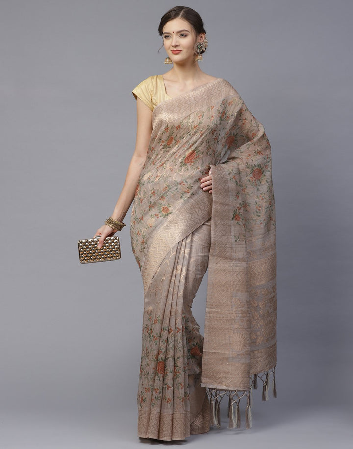 Floral Print  With Zari Border Linen Saree