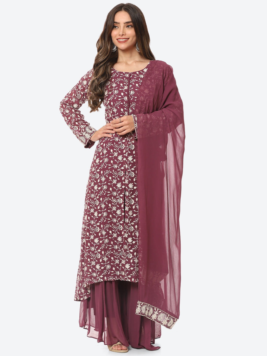Resham Jaal Georgette Kurta With Palazzo &amp; Dupatta