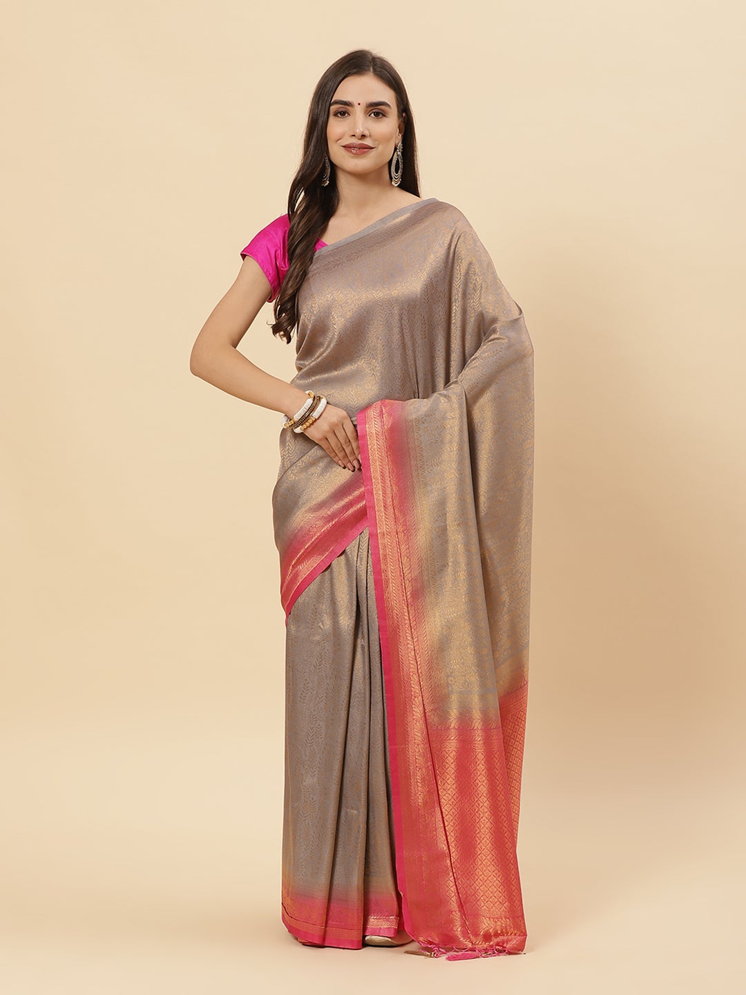 Brocade Zari Jaal Art Handloom Saree  with Contrast Blouse