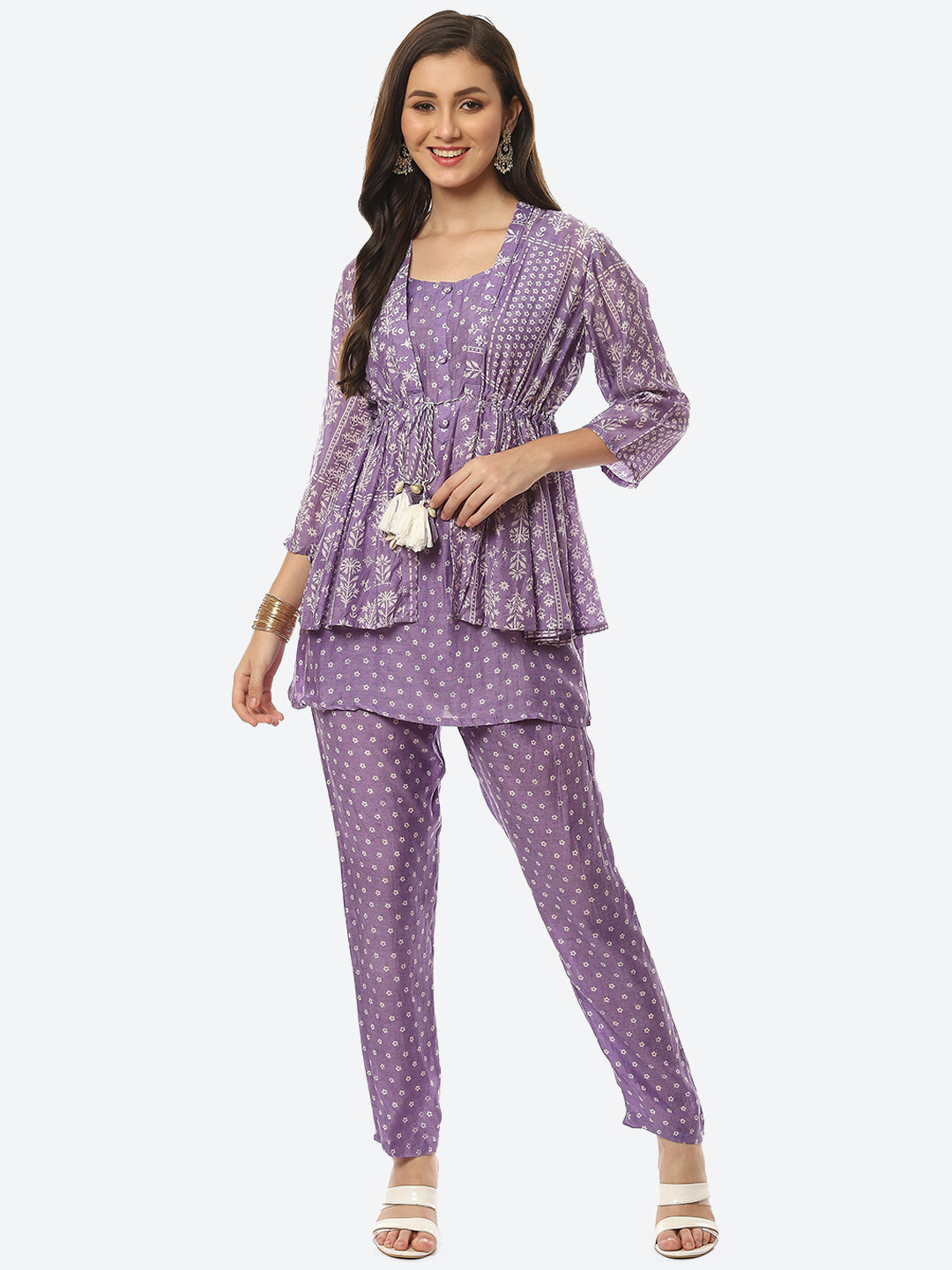 Floral Printed Muslin Kurti With Pant &amp; Jacket