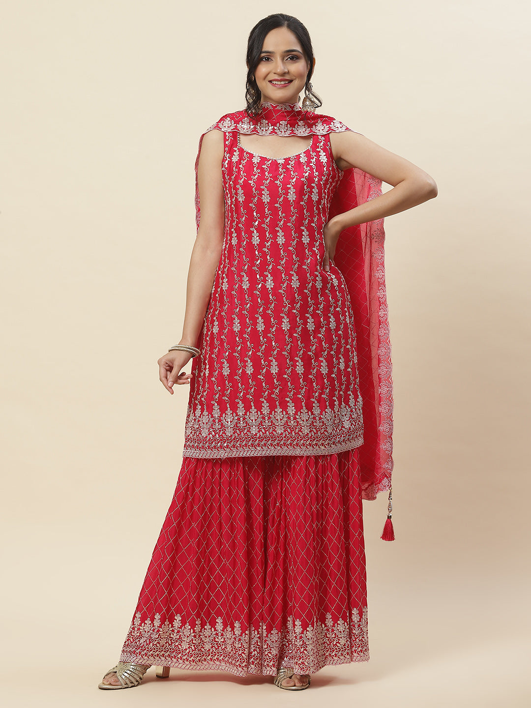 Sequin Embroidered Crepe Kurti With Garara &amp; Dupattta