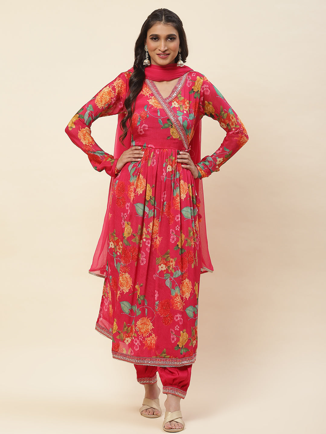 Floral Printed Chiffon Kurta With Pants &amp; Dupatta