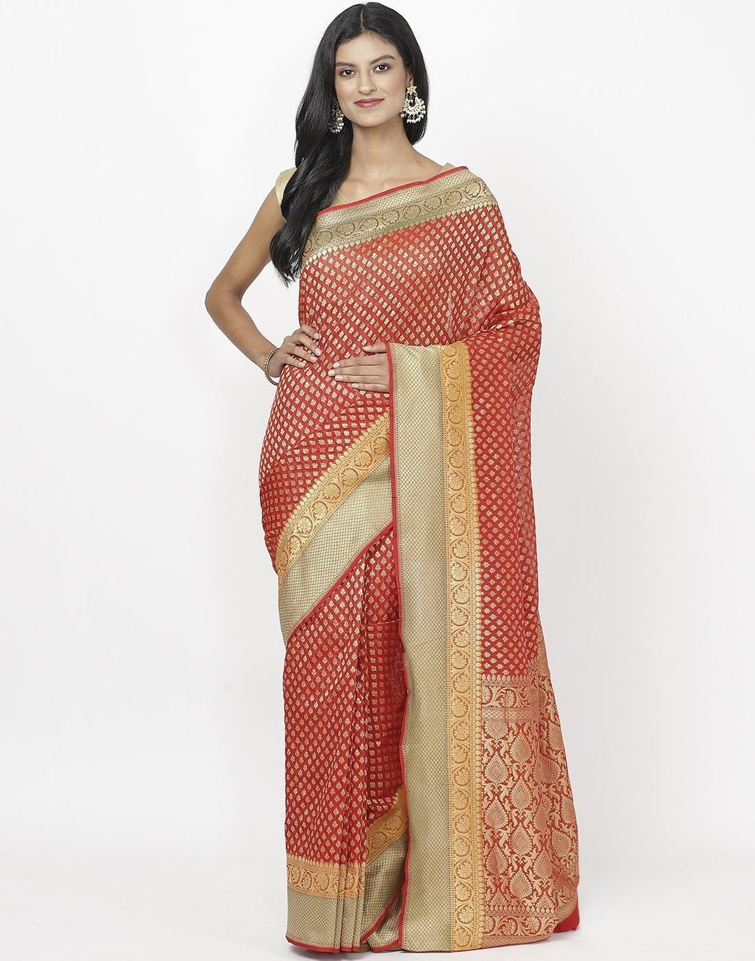MBZ Meena Bazaar-Red Banarasi Art Handloom Saree