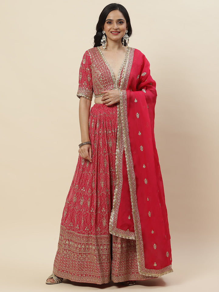 Zari Booti Embroidered Georgette Choli With Lehenga &amp; Dupatta
