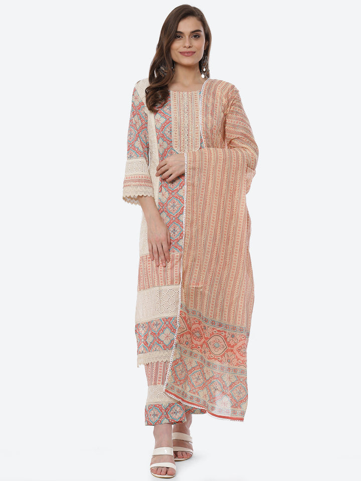 Printed Cotton Kurta With Pant &amp; Cotton Dupatta