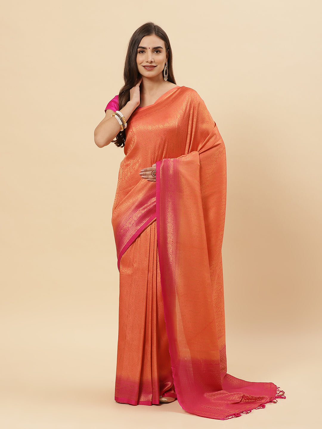Brocade Zari Jaal Art Handloom Saree  with Contrast Blouse