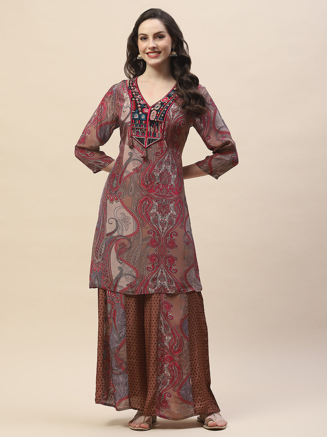Neck Patti Crepe Kurta With Palazzo