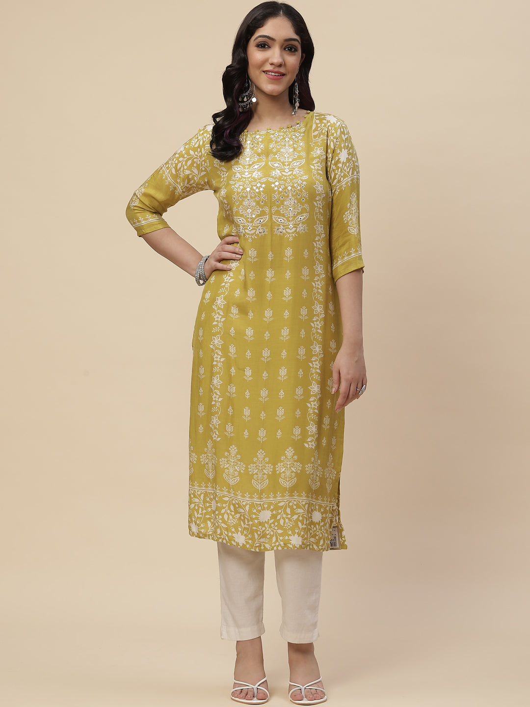 Neck Mirror Work  Printed Cotton Kurta