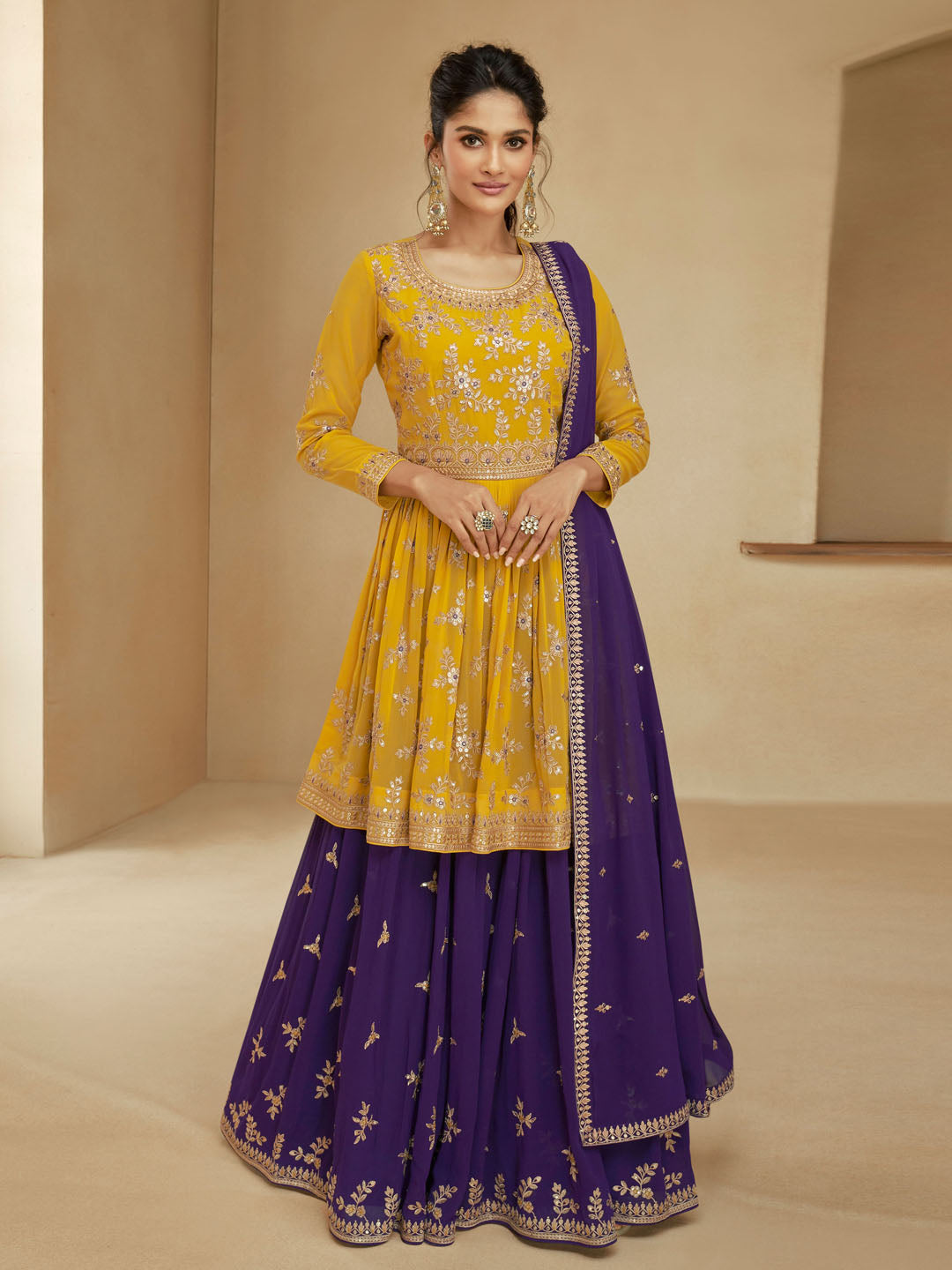 Embroidered Georgette Semi Stitched Suit With Sharara &amp; Dupatta