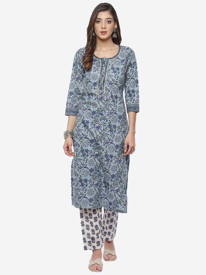 Floral Printed Cotton Kurta With Printed Pant