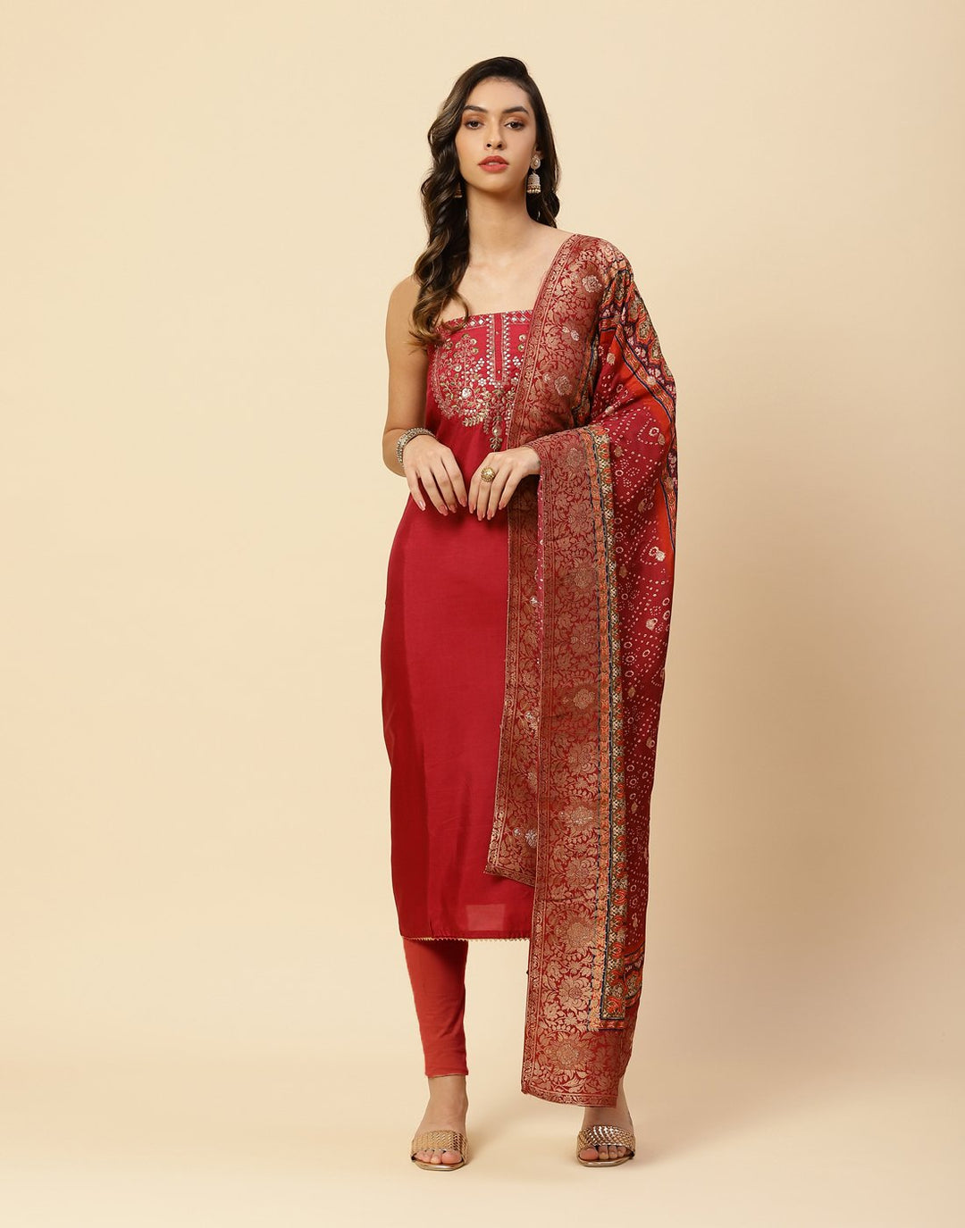 Embroidered Art Handloom Suit Piece With Bandhini Dupatta
