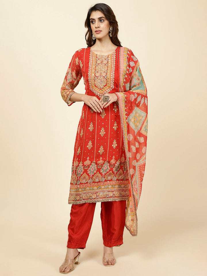 Floral Printed Georgette Kurta With Pants &amp; Dupatta