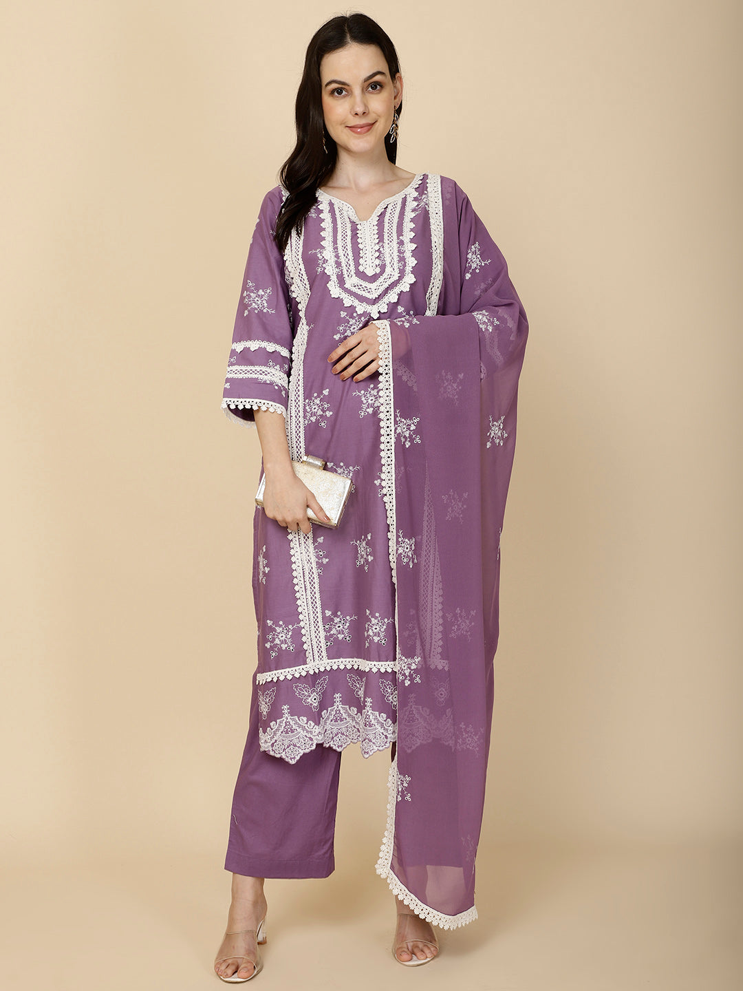 Embroidered Cotton Suit Set With Dupatta