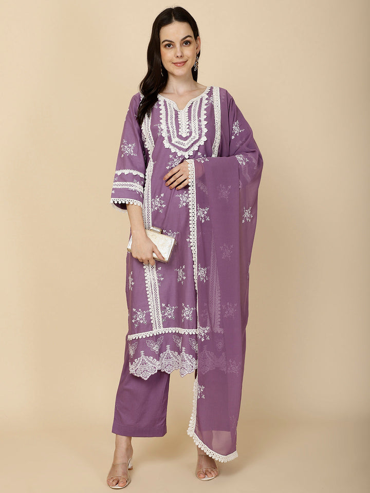 Embroidered Cotton Suit Set With Dupatta
