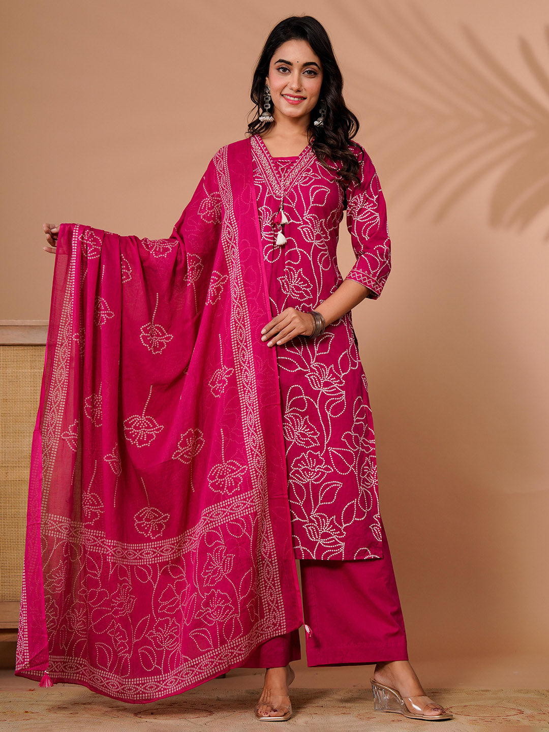 Pink Cotton Blend Printed Straight Suit Set