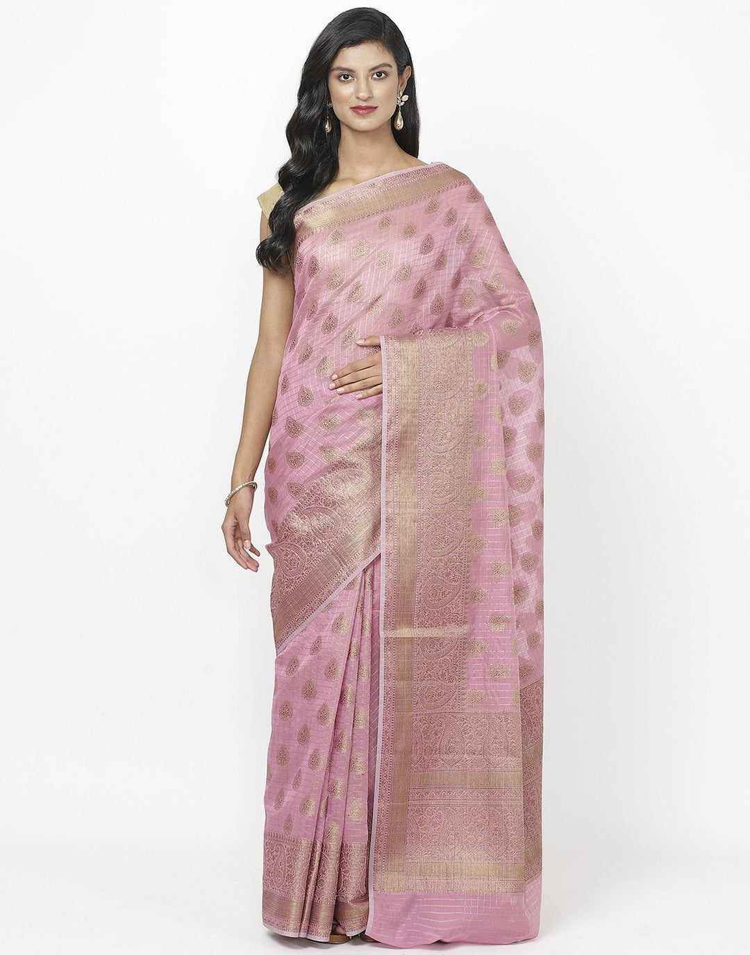 Pink Cotton Woven Saree