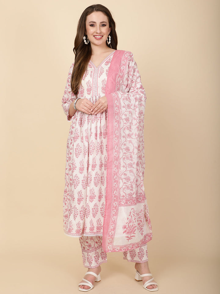 Floral Block Printed Cotton Kurta With Pants &amp; Dupatta
