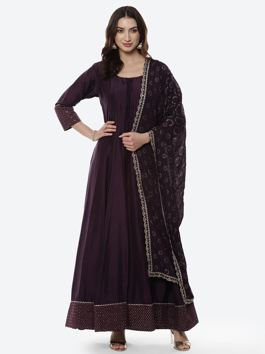 Embroidered Handloom Dupion Anarkali Stitched Salwar Kameez With Sequence Chiffon Dupatta