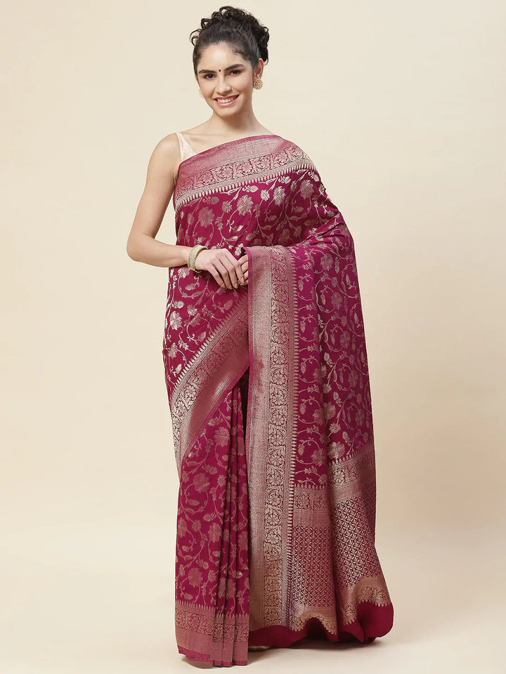 Floral Zari Jaal Tussar Plain Saree