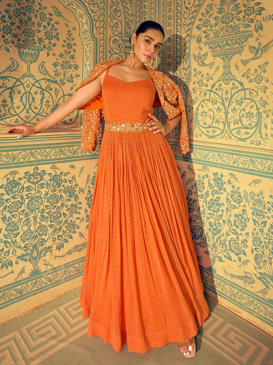 Embroidered Georgette A Line Dress With Dupatta