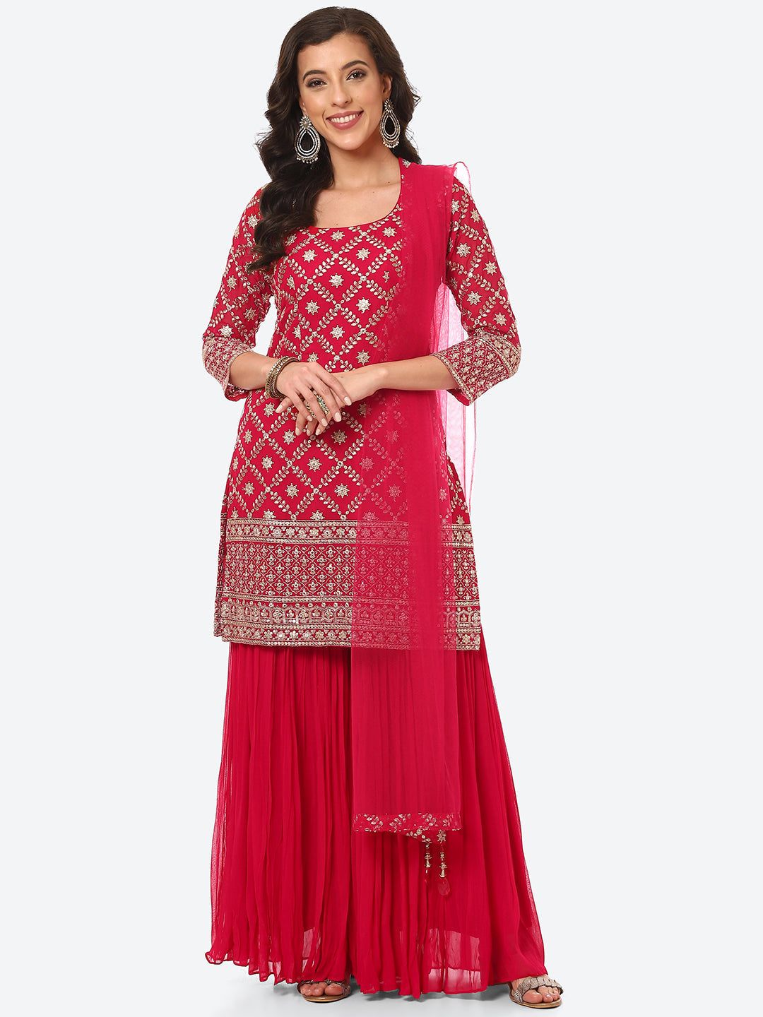 Zari Zaal Embroidered Georgette Kurti With Sharara &amp; Dupatta