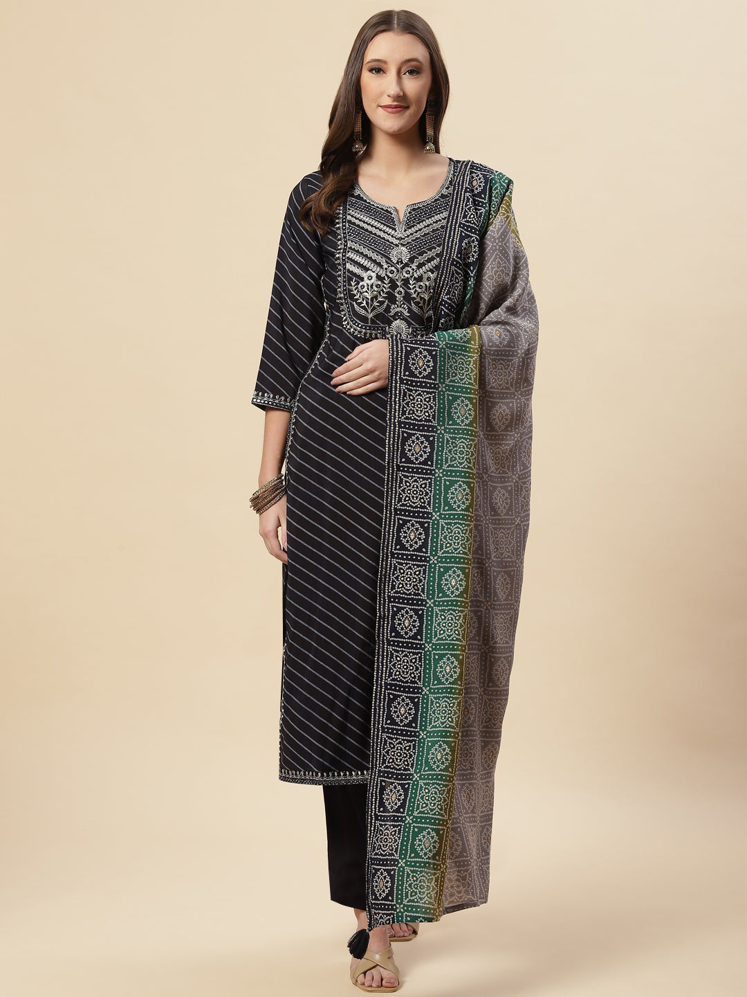 Printed Cotton Kurta With Pants &amp; Dupatta