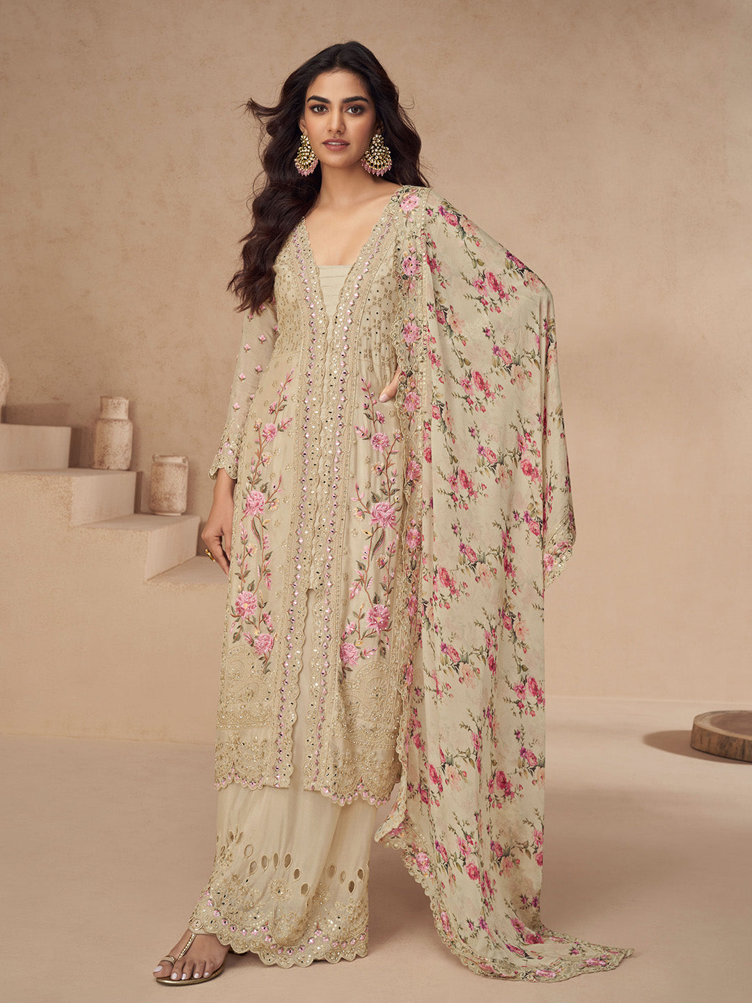 Embroidered Chinon Silk Kurta With Plazzo &amp; Dupatta