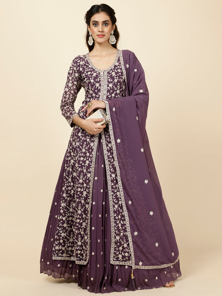 Embroidered Georgette Kurta With Skirt &amp; Dupatta