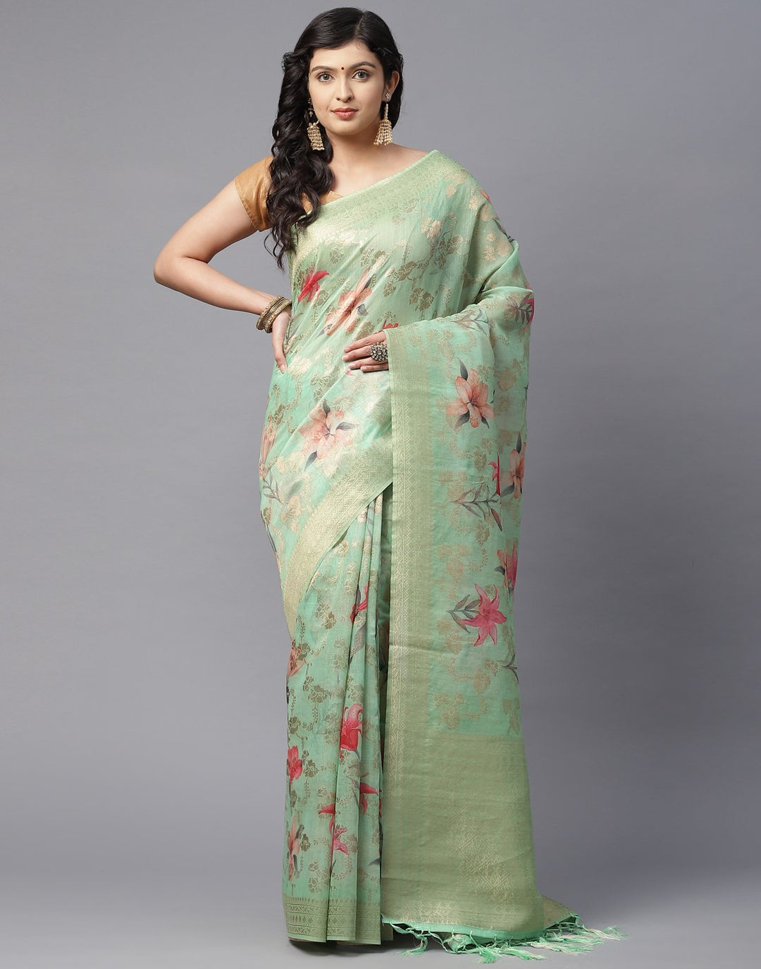 Floral Printed Cotton Linen Saree