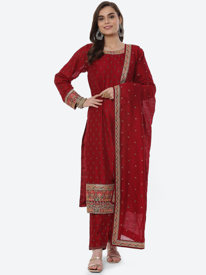 Zari Booti Art Handloom Kurta With Pant Art Silk Dupatta