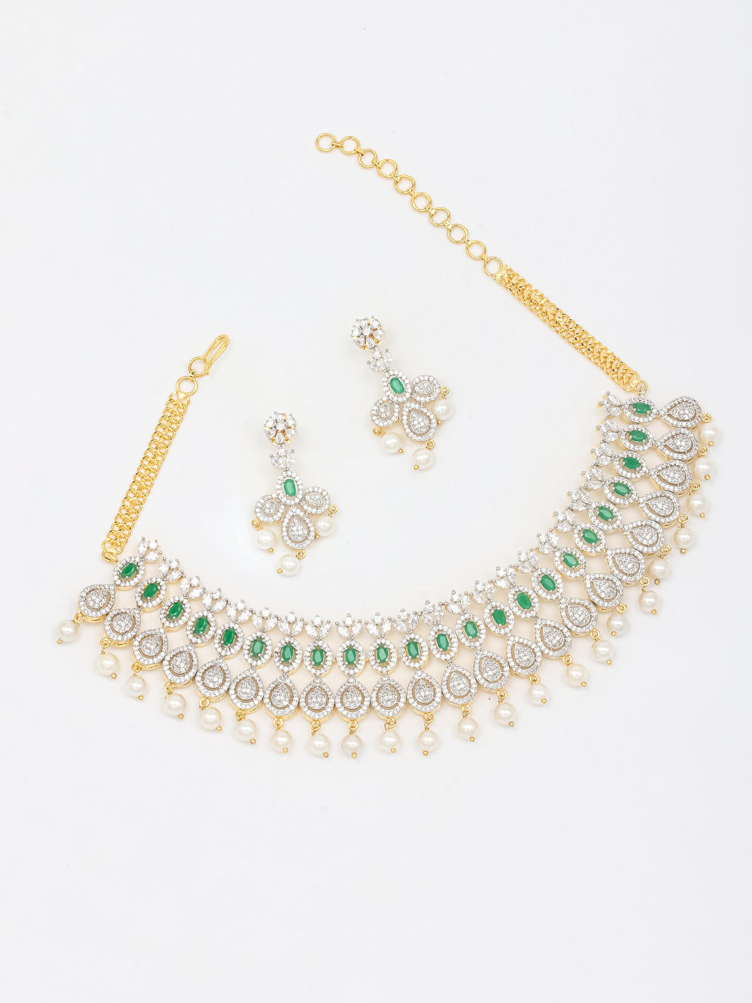 Gold Green Colored Stone Necklace With Earrings